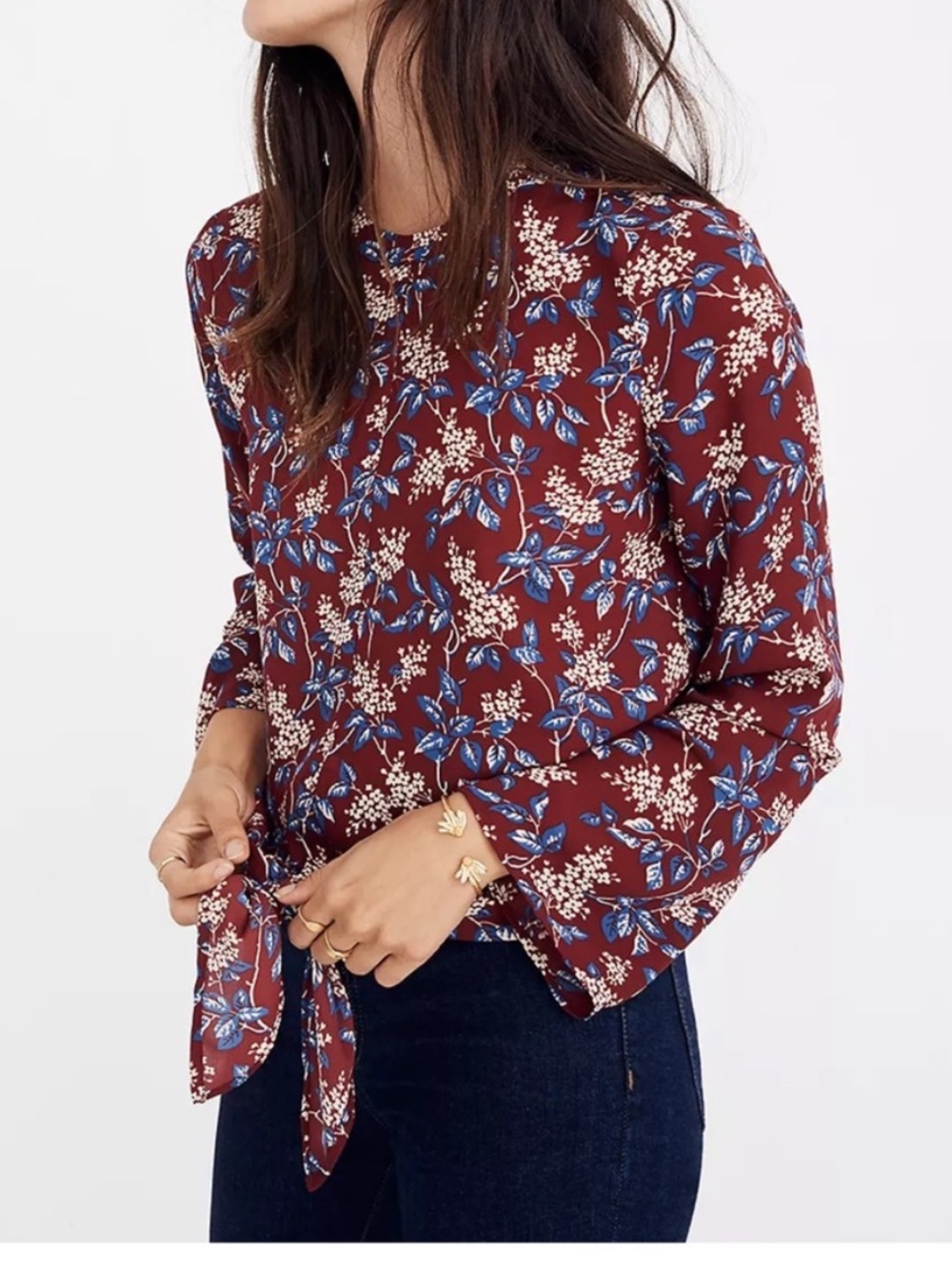 Madewell Bell Sleeve Tie Top in Antique Floral Blouse Size Medium NWT
